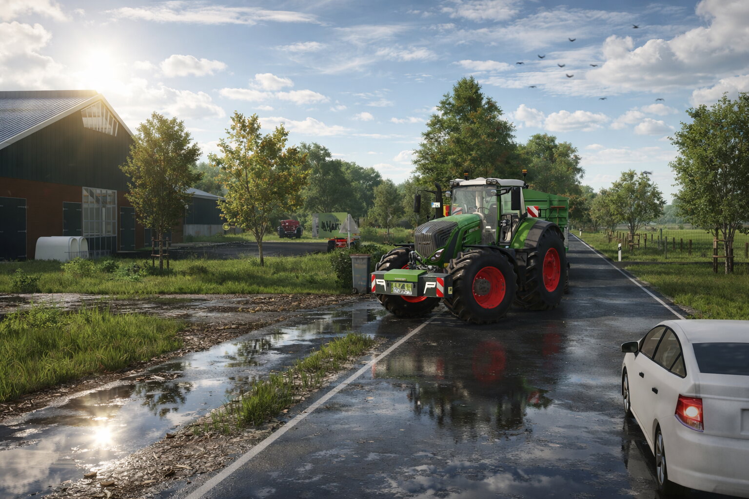 Nach dem Regen geht’s weiter 🚜🌧️ Traktor unterwegs auf der Landstraße, nasse Fahrbahn, frische Luft und echtes Landleben. So sieht ein ganz normaler Tag auf dem Land aus 🌾